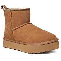 Litfun Suede Platform Mini Boots for Women Genuine Leather Fuzzy Ankle Winter Snow Boots with Fur Lined, Chestnut 39