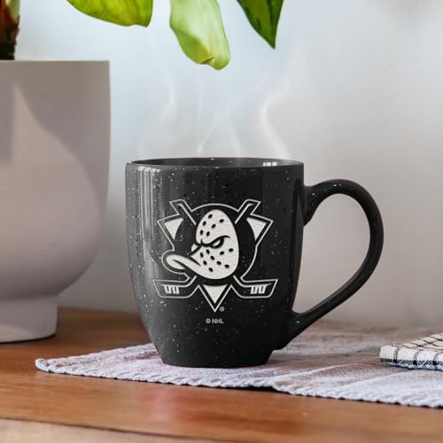 Image of Rico Industries NHL Hockey Anaheim Ducks Black 16 oz Team Color Laser Engraved Speckled Ceramic Coffee Mug