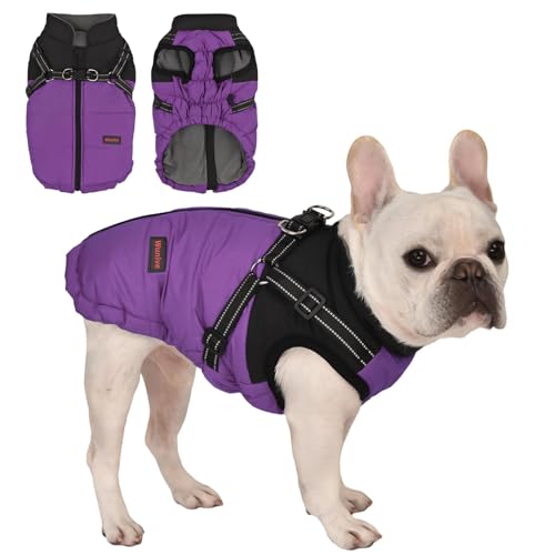 Wunive Abrigo para perros, chaqueta de invierno, abrigo impermeable para perros pequeños, arnés para cachorros, abrigo cálido para perros, abrigo para perros con arnés integrado en 2 en 1 para perros
