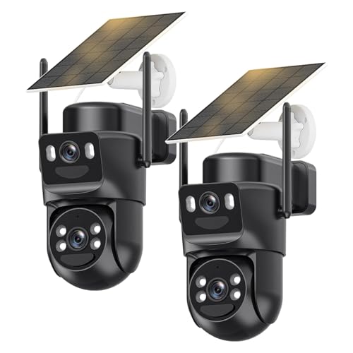 8 MP - Cámara de vigilancia WiFi exterior inalámbrica con doble objetivo, 4 K, detección humana con panel solar, 360 °, cámara exterior, visión nocturna color, audio bidireccional, seguimiento