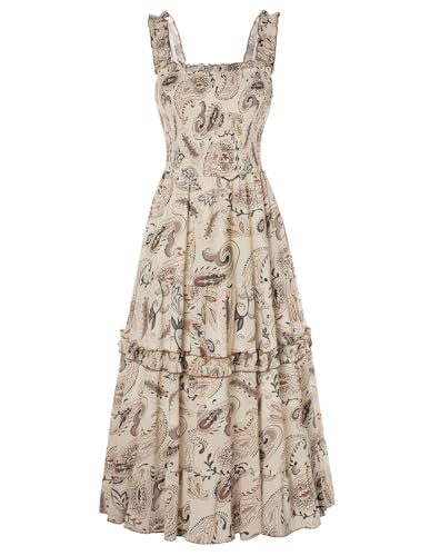 Damen Sommer Blumenkleid Spaghetti Träger Gesmokte Taille Lang Festlich Cocktailkleid Aprikose XXL