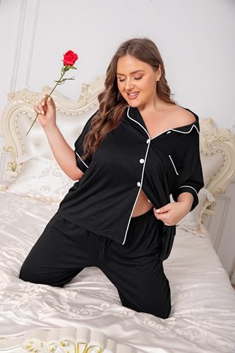 Image of Vozanet Women Plus Size Pajamas Button Down Rayon Softness PJS Classic Sleepwear Short Long Loungewear 2pcs with Pockets