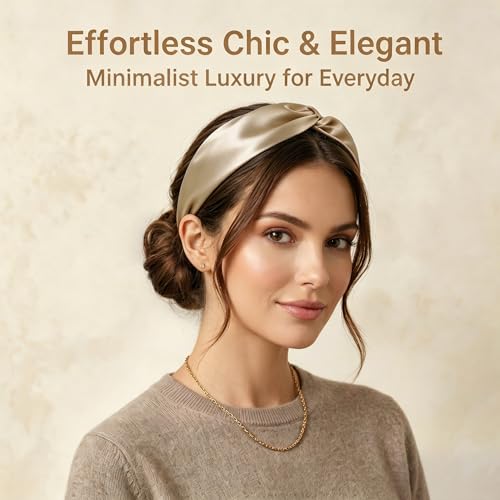 Image of ZLYC Mulberry Silk Headband for Women's Hair, Solid Pale Beige | smooth luxury real silk, stretch elastic no slip fit, makeup spa skincare use, travel daily wear,boho fashion hair accessory