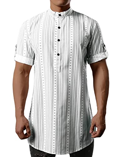 JOGAL Mens Striped Henley Shirt Short Sleeve Traditional African Style Dashiki Shirts2