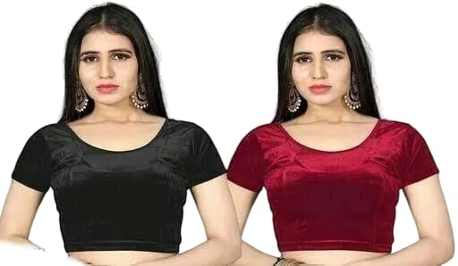 Women?s Velvet Combo Short Sleeve Round Neck Blouse-picture-37