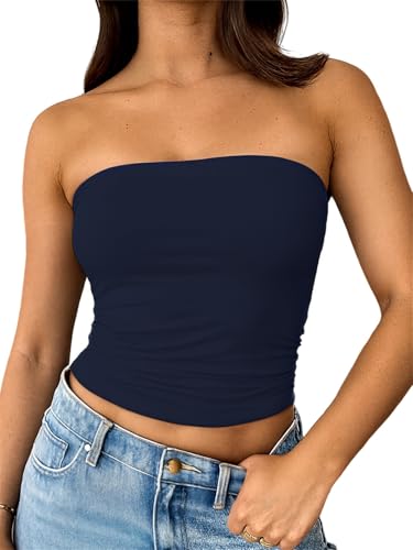 ForeFair Women Strapless Tube Tops Double Lined Ruched Backless Bandeau Going Out Top Basic Tank Tops(S Navy Blue)