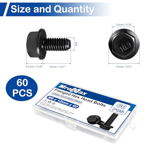 Image of M6-1.0 x 12mm Flanged Hex Head Bolts, 60Pcs Serrated Flange Bolt, Class 10.9 Alloy Steel, Black Oxide, Coarse Thread Fully Threaded, External Flange Hex Drive Screws, DIN6921 /GB5789