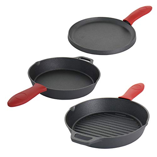 MegaChef Skillet Pan and Griddle Pre-Seasoned Cast Iron Cookware Set 6 Piece Black Red