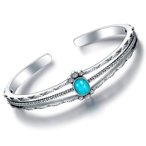 Genuine Turquoise Bracelet, Sterling Silver Boho Adjustable Bangle Cuff Native American Vintage Jewelry for Women, Fit for 6.5 7 7.5 Inches