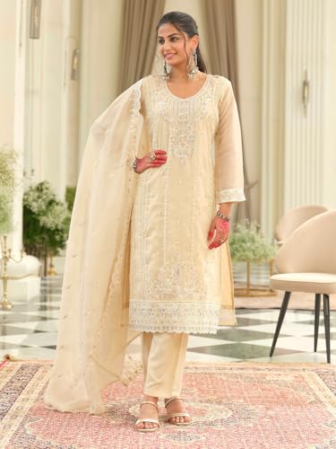 Image of INDO ERA Women's Silk Blend Floral Embroidered Straight Kurta & Pant With Dupatta Set (IEOUT12442)