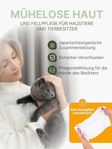 Japan Premium Pet Katzenshampoo Handtuch | Reinigungstücher, die wie Trockenshampoo für Katzen wirken | Reinigen & desodorieren mit unserem Katzenhandtuch mit Kollagen & Plazenta| 25 St | (30 x 20 cm)