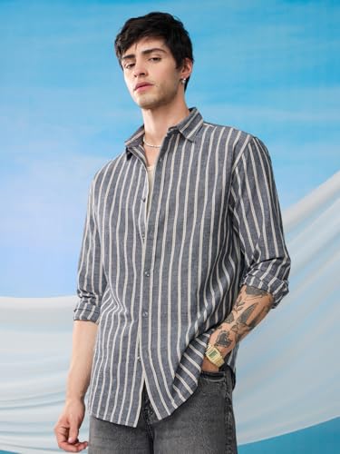 Image of The Souled Store Cotton Linen Stripes: Azure Men and Boys Long Sleeves Collared Neck Button Front Regular Fit Cotton Linen Shirts