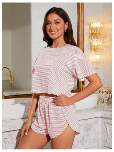 Image of OYOANGLE 2 Pack Pajama for Woman Set Summer Cute PJ Sets Striped Short Sleeve Tshirt and Split Shorts Lounge Set