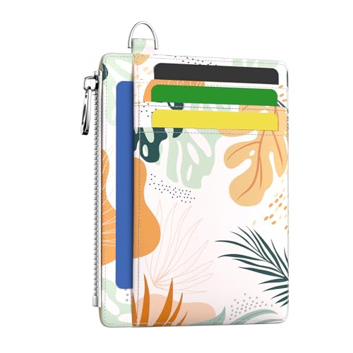 Image of Hancynir Slim Wallet Women Credit Card Holder Abstract Boho Leaves RFID Blocking Small Mini Card Wallets Cute Front Pocket PU Leather Card Case Thin Travel Zipper Coin Cash Ladies Female Wallet Gifts