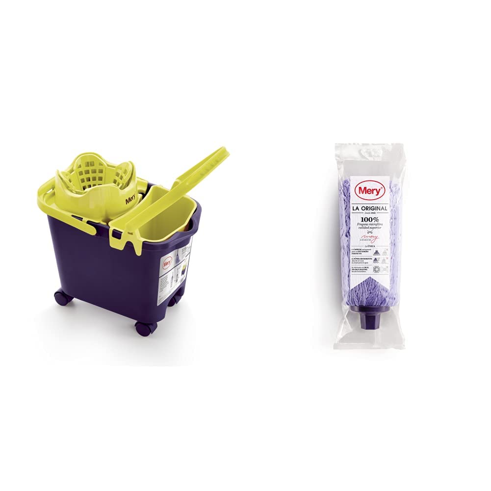 Mery 0335 Cubo automático con Ruedas y cubeta Multiuso, Surtido + Microfibra | Super Absorbente | Fregona con Cabezal Extragrande | No Deja Rastro | 22cm, Compuesto, Lila, 26 cm