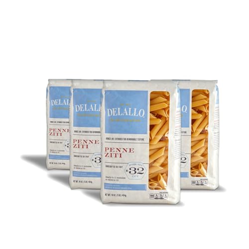 DeLallo Penne Ziti Pasta, Made in Italy, Bronze Cut, Made with Only 100% Durum Wheat Semolina Flour, Kosher, All Natural, Non-GMO, Vegan, 1 Pound Bag, (4 Pack)