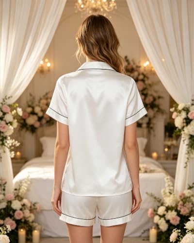 Image of 3 Piece Silk Satin Pajama Set for Women Soft Short Sleeve Button Down Pjs with Shorts Long Pants Sleepwear S-XXXL