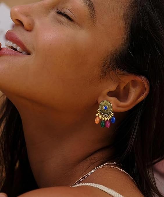 Colorful Bohemia Indian Jewelry Set for Women Boho Ball Tassel Crystal Statement Choker Necklace Vintage Bead Chandelier Dangle Drop Earring Bollywood Traditional Jewellery for Jhumka Festival Holiday - Image 6