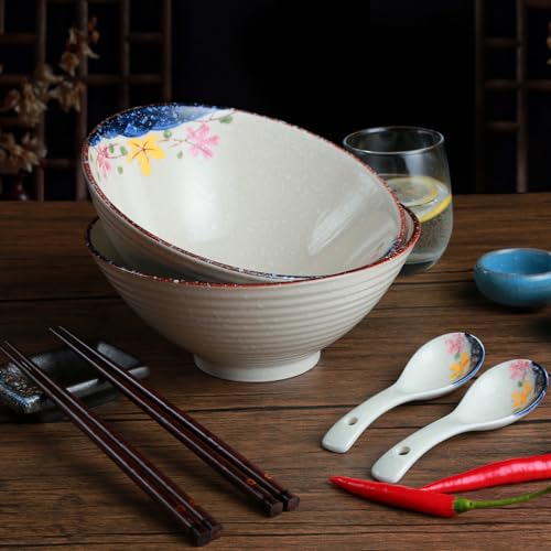 Ramen Schüssel Set 2 x 1200ml Keramik Ramen Bowl mit Essstäbchen und Löffeln,Japanisches Stil Porzellan Geschirr Suppenschüssel Groß Salatschüssel Pho Bowl,Mikrowelle & Spülmaschinenfest,Blume