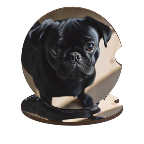 Posavasos para coche con diseño de cachorro pug negro, 2 piezas miniatura 1