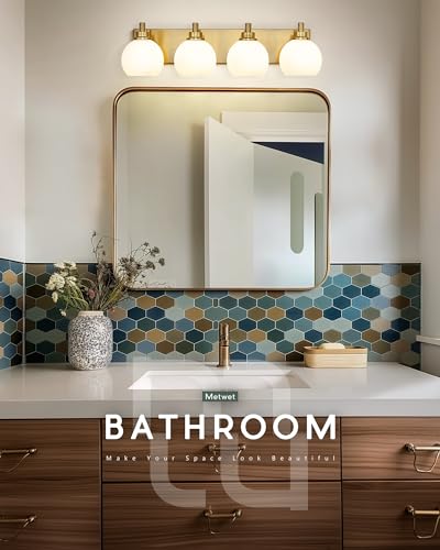 Image of Bathroom Light Fixtures, 4 Light Brushed Gold Vanity Light, 26 Inch Modern Wall Sconces with Globe Milk White Glass Shade, Vanity Lighting Fixtures Over Mirror, VL195-BG-ML-4