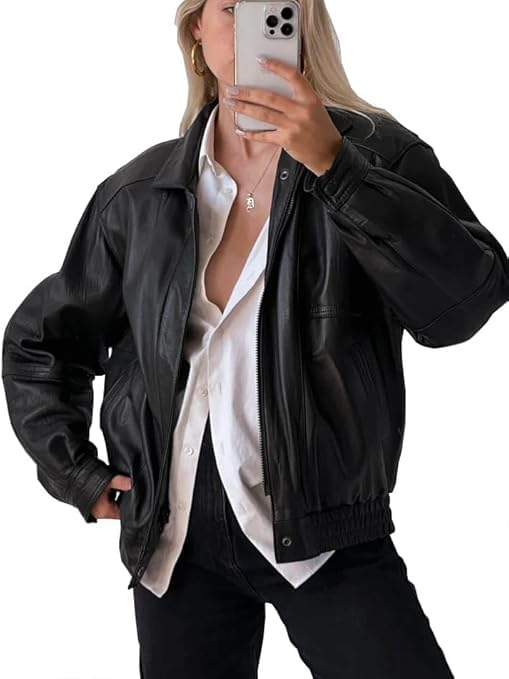 Women's Oversized Genuine Leather Bomber Jacket Plus Size Moto Biker Coat2