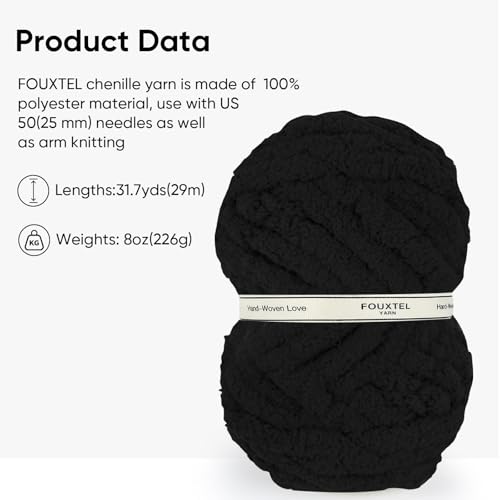 Image of 8 Jumbo Packs Chunky Chenille Yarn for Crocheting, 31.7 yds, 8 oz Each Skein Bulky Thick Fluffy Yarn for Knitting, Super Bulky Chunky Yarn for Hand Knitting Blanket, Soft Plush - Black