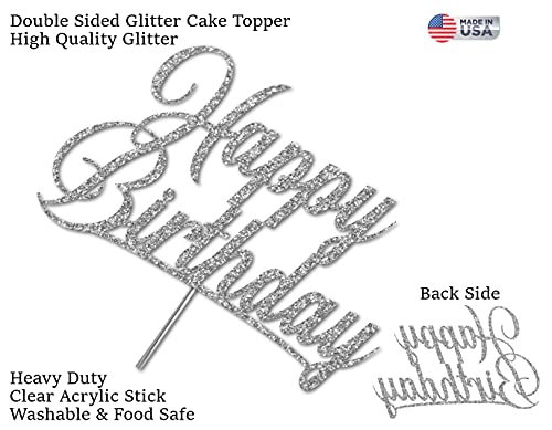 Happy Birthday Glitter Cake Topper, Birthday Party Decorations Ideas, Premium Quality Decoration, Sturdy Doubled Sided Glitter, Acrylic Stick. Made In Usa (Silver) #TOP2