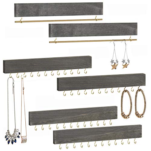 MyGift Weathered Gray Wood 6-Piece Wall-Mounted Jewelry Organizer Hooks, Bracelet and Necklace Holder Rack Set