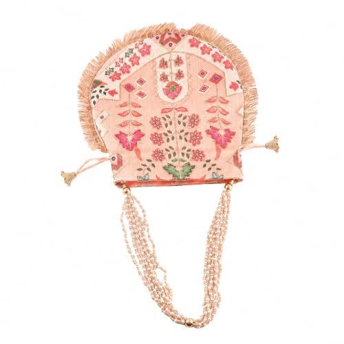 Image of Handcrafted Potli Purse with Golden Floral Embroidery and Pearl Accents