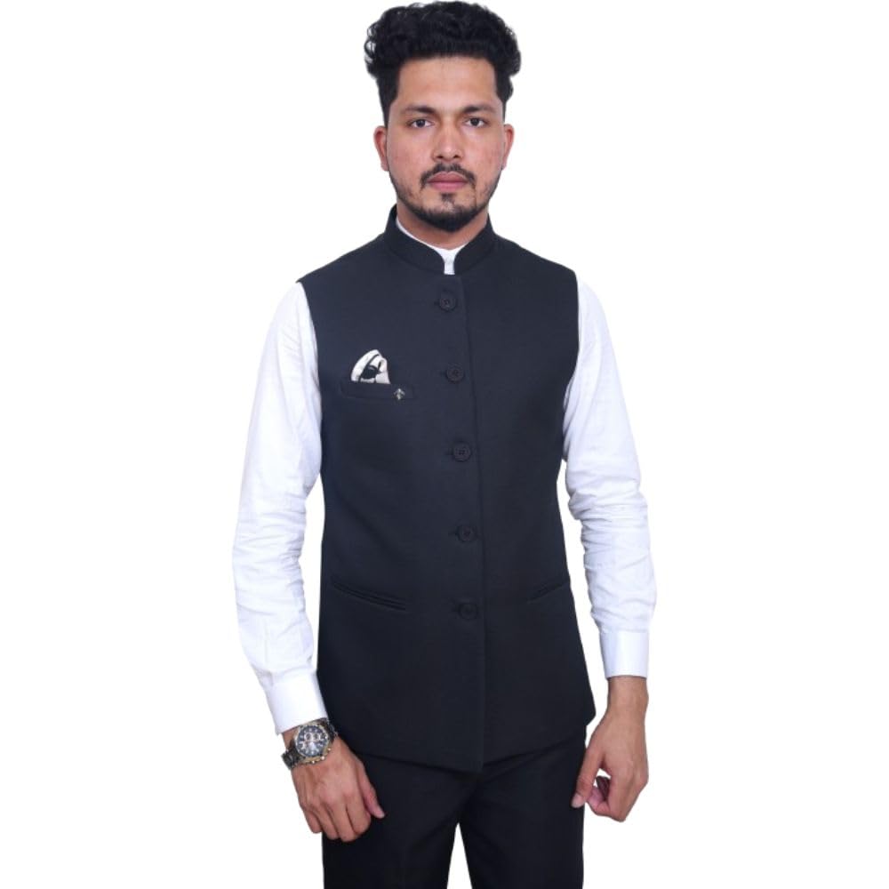 Men Slim Fit Cotton Blend Waistcoat Half Jacket (Black, 44)-image-13