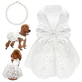 Topkins Dog Dresses, Puppy Soft Skirt with Pearl Necklace, Summer Pet Clothes, Girl Dogs Wedding Outfit, Puppy Slik Outfit with Bow Tie, Dog Princess Clothes for Small Medium Breeds, White L