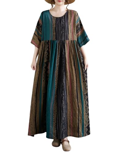 Image of Women Summer Casual Loose Dress Plus Size Boho Dresses Vintage Striped Print Round Neck Short Sleeve with Side Pocket
