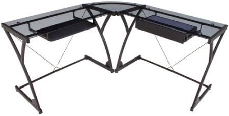 Glass Computer Corner Desk, Black Finish, Center Drawer, Reversible Working Desk, Slide-out Keyboard Tray, Office Furniture, Bundle with Expert Guide for Better Life