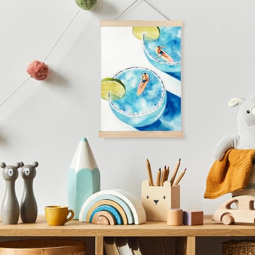Image of PQKIY Trendy Coastal Cocktail Surf Wall Art Poster Hanger Frame 12x16 in, Whimsical Summer Blue Margarita Beach Aesthetic Wall Decor Canvas Prints for Beach Room Home Bar Dorm Apartment