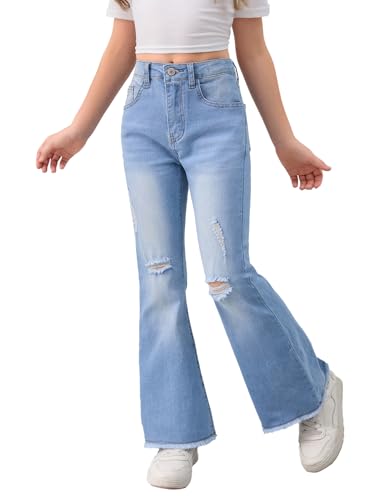 SHENHE Girl's High Waisted Flare Leg Jeans Split Raw Hem Denim Pants with Pockets