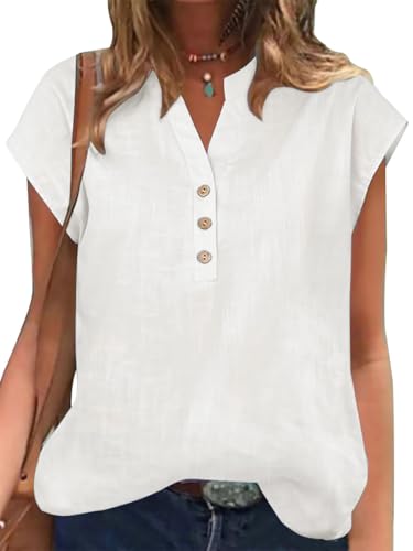 YUTILA Damen Baumwolle Leinen Bluse Kurzarm Einfarbig Henley Sommerbluse Blusenshirt Oberteile