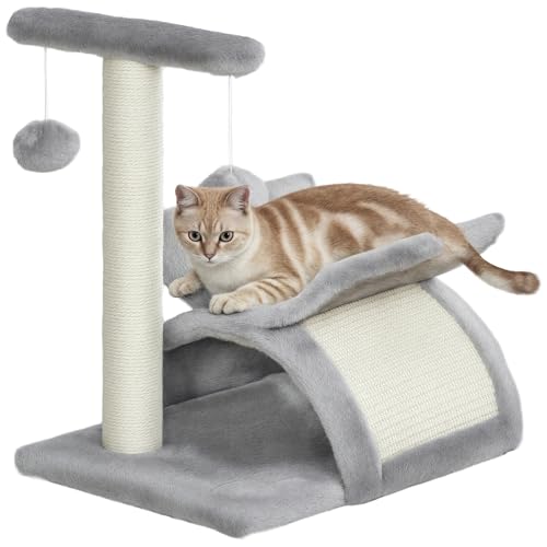 PawHut Árbol Rascador para Gatos Pequeños 43 cm Torre para Gatos con Poste Giratorio con Bolas de Juego Plataforma y Caseta 40x30x43 cm Gris