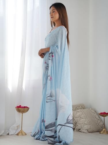 Image of Panzora Women's Chinon Printed Saree With Unstitched Blouse Piece