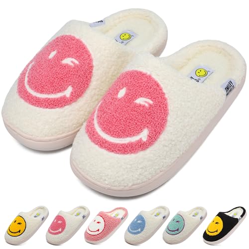 Image of Wpecgoo Smile Face Slippers for Womens Mens Soft Plush House Slippers Retro Happy Slip-On Slides Winter Warm Comfy Memory Foam Fluffy Indoor Outdoor Shoes
