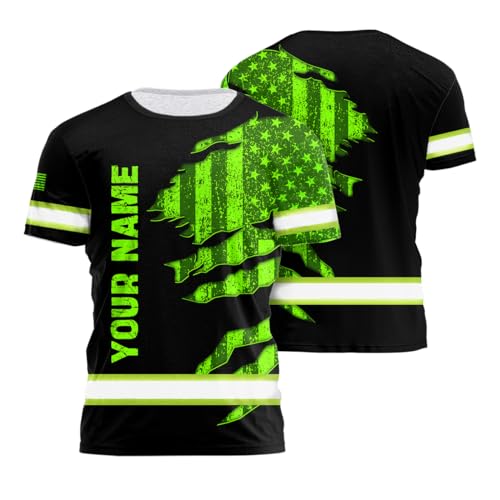 HiVis Custom Safety Shirt US Flag Black Green Neon Scratch Customize Name High Visibility Shirt for Men Hi Vis Shirt Hi Viz Workwear for Runners, Walkers, Truckers, Operators, Patriotic-3XL