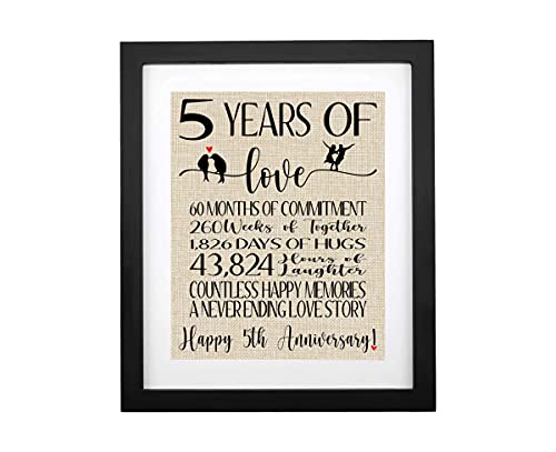 TOBOHU 5 Years of Love Burlap Print with Frame, Gifts for Husband Wife Wedding Anniversary, 5th Anniversary Decoration Romantic, Gifts for Him Her 5 Years Anniversary