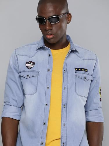 Image of The Indian Garage Co Men Slim Fit Solid Full Sleeves Cutaway Collar Double Flap Pocket Casual Denim Shirt