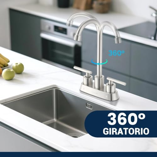 Image of Commercial Bar Sink Faucet 4 Inch Center Deck Mount, Stainless Steel High Arch 2 Hole Utility Sink Faucets with Dual Lever Handles for Laundry Campers (Brushed Nickel)