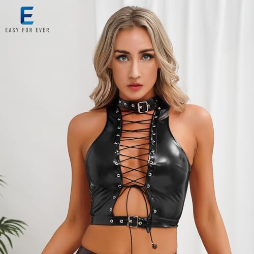 easyforever Women's Faux Leather Wet Look Cropped Vest Top Strappy Slim Fit Metallic Bustier Shirts2