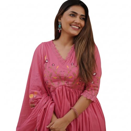 Image of Traditional Floral Embroidered Cotton Kurta Set with Dupatta