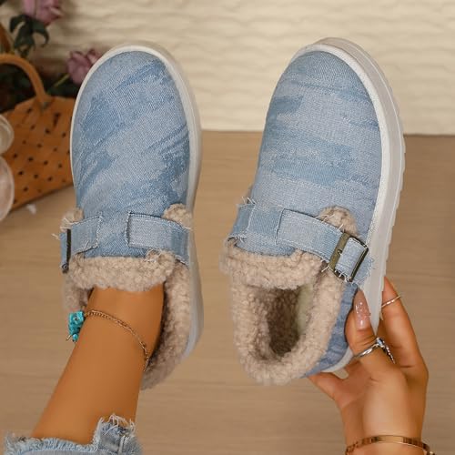 Womens Winter Fluffy Full Slippers Warm Platform Buckle Strap House Slippers Comfy Cotton Fleece Lined Lightweight Loafer Indoor Outdoor Non-Slip Canvas Flat Snow Boots Walking Shoes4