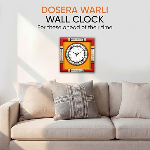 Image of AAKRITI ART CREATIONS Wall Clock Handcrafted Warli Art Dial with Glass Frame Red, Yellow | Wall Clock for Home, Home Decoration | Lightweight Wooden wall Decor | Matte Finish