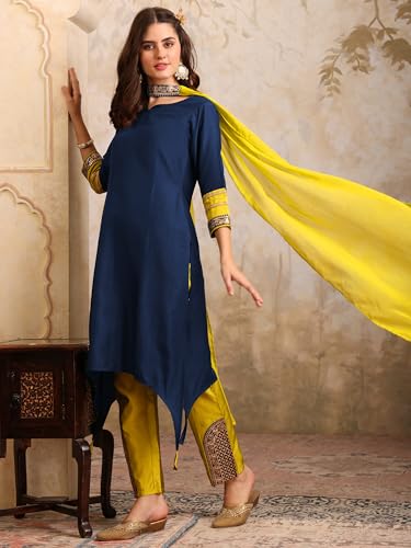 Image of EthnicJunction Women's Cotton Silk Embroidered Asymmetric Kurta Pant with Choker Dupatta Set | Wedding Outfit | Heavy | Kurta Set | Ethnic Set