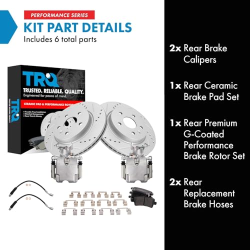 Image of TRQ Performance Rear Brake Pad and Rotor Set Ceramic Slotted Drilled Coated Rotors Calipers Compatible with 2010-2012 Buick LaCrosse